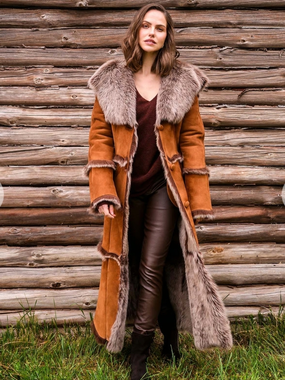 100% Shearling Long Hooded Coat in HONEY Brown